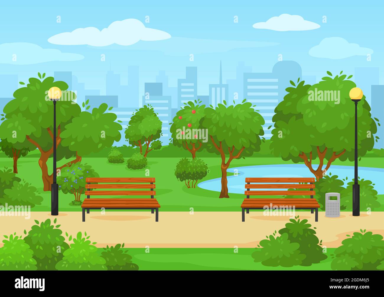 Cartoon public city park with green trees, benches and lake. Summer outdoor  scenery urban park nature landscape vector illustration. Lawn or meadow  with little pond and green plants Stock Vector Image &