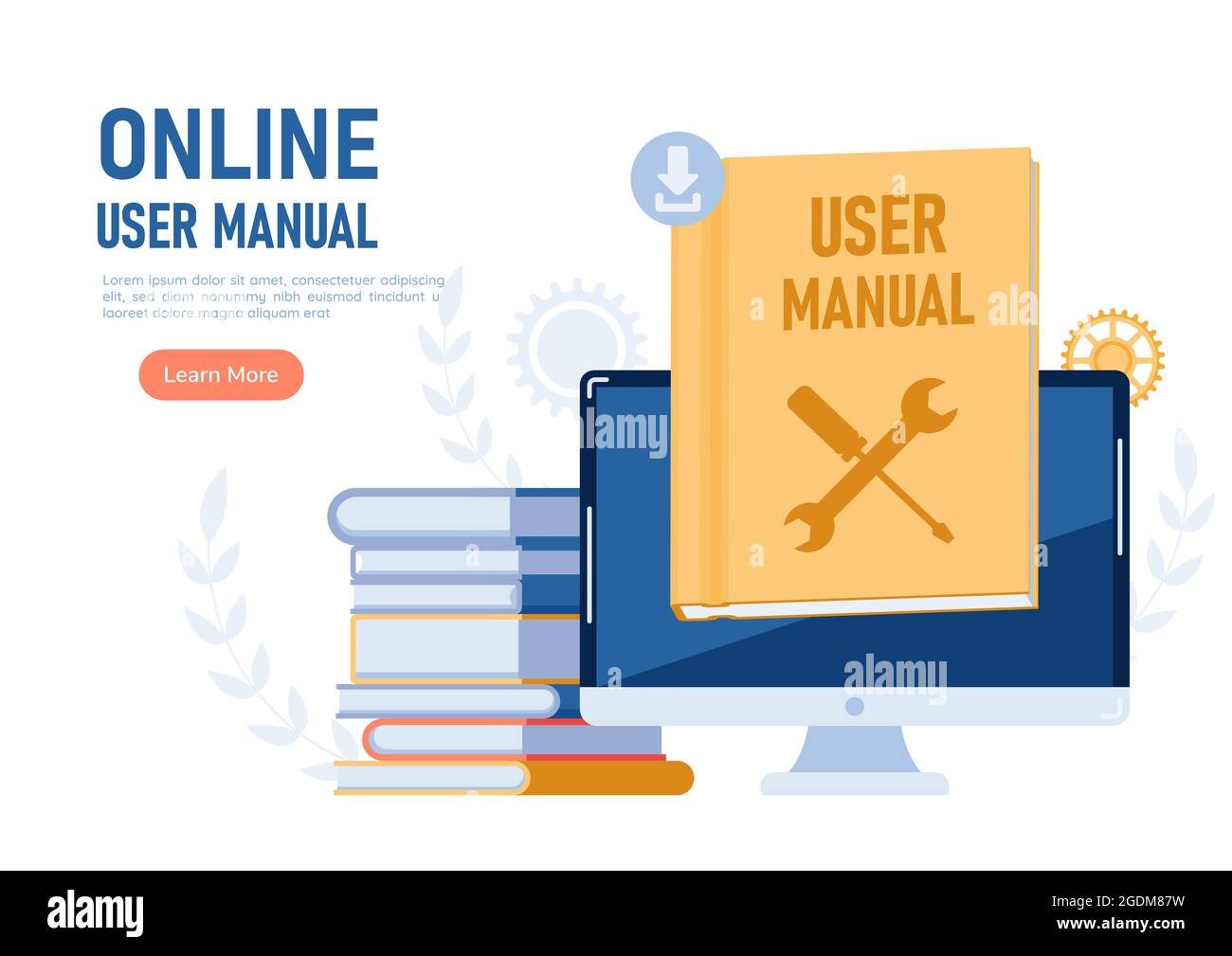 Web Banner Monitor with User Manual Guide Book. Online User Manual or Instruction Book Concept. Stock Vector