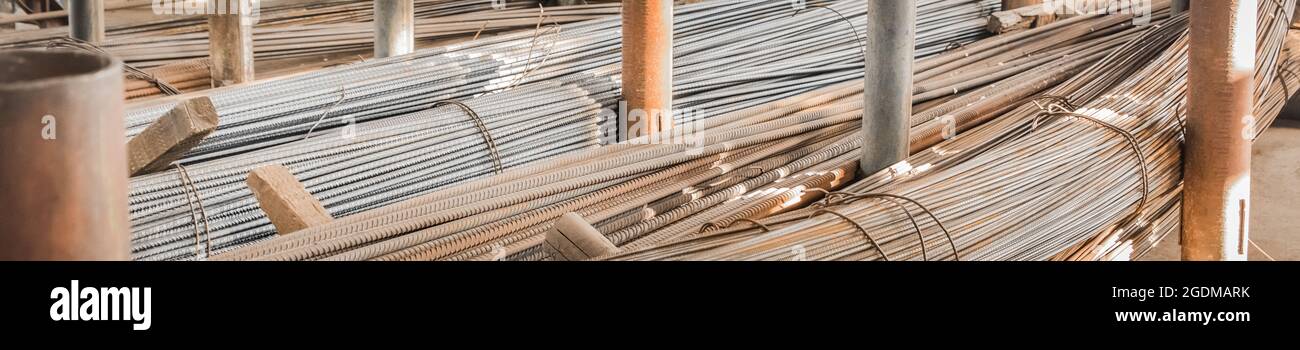 Reinforcement of concrete structures on plant. Armature storage materials in industrial workshop. Fitting manufacturing. Stock Photo