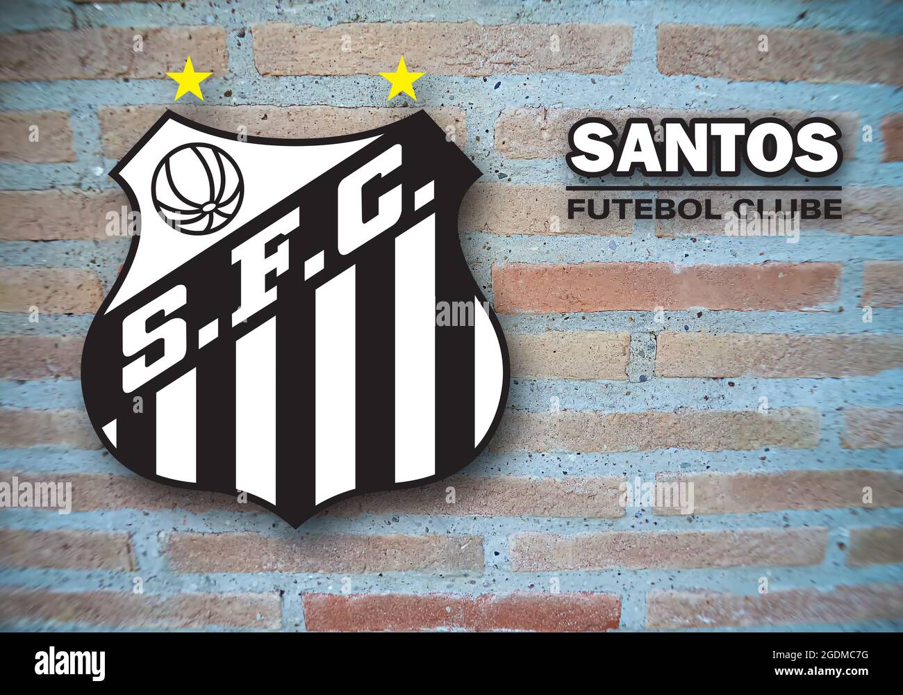 Coat of arms FC Santos, Sao Paulo, Brazil, on brick backgrounds Stock
