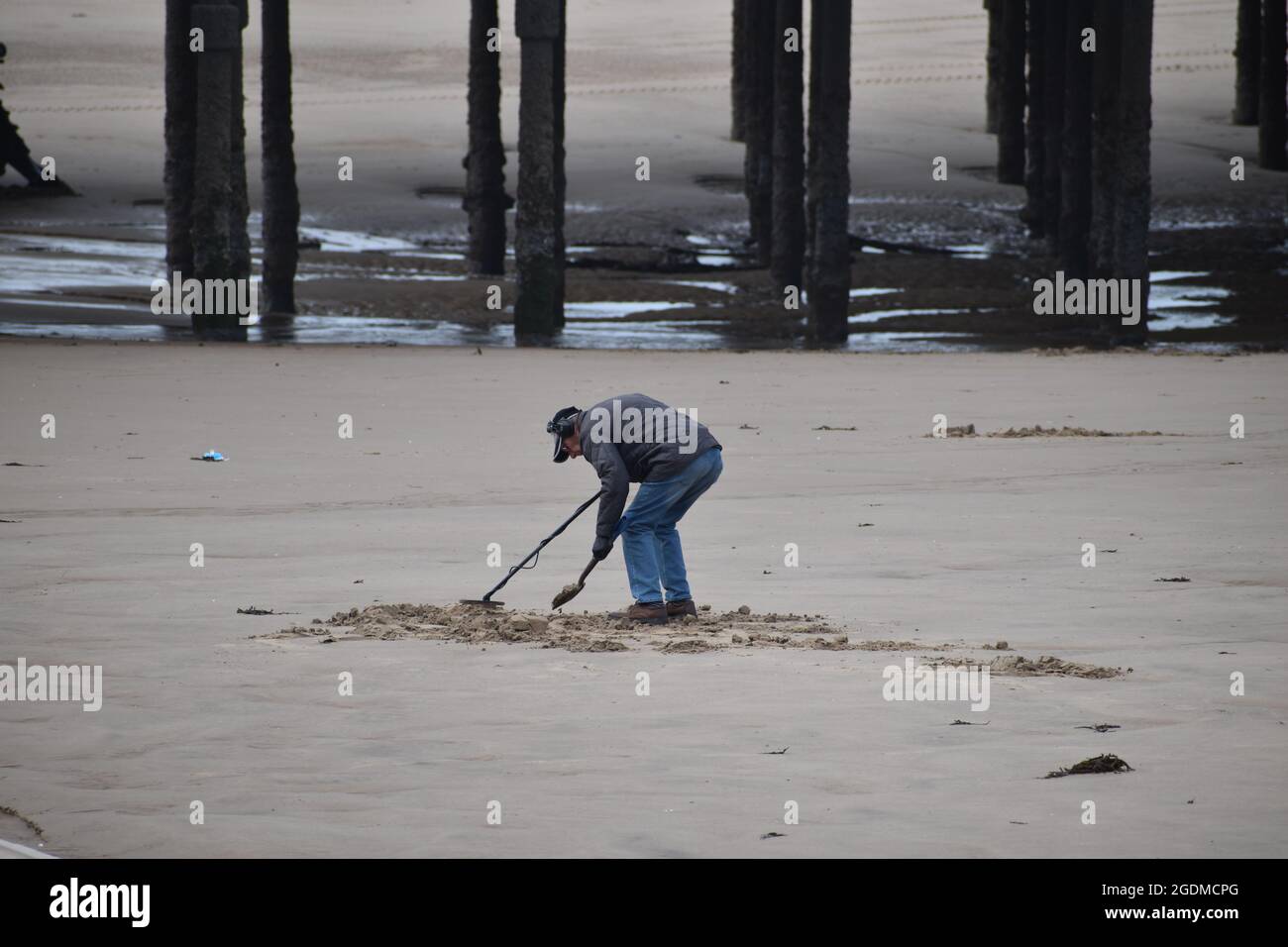 Man with metal detector on a beach Stock Photo - Alamy