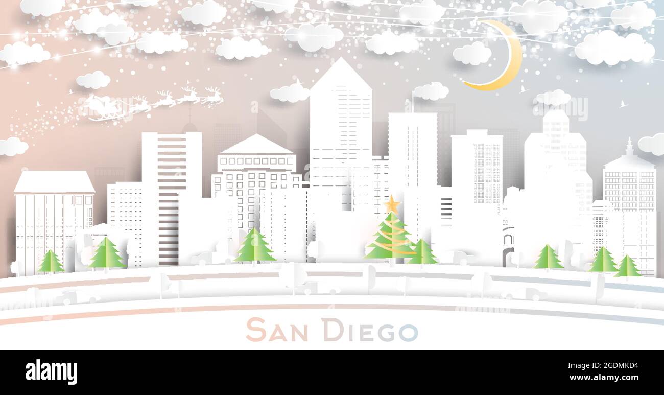 San Diego California City Skyline in Paper Cut Style with Snowflakes, Moon and Neon Garland. Vector Illustration. Christmas and New Year Concept. Stock Vector