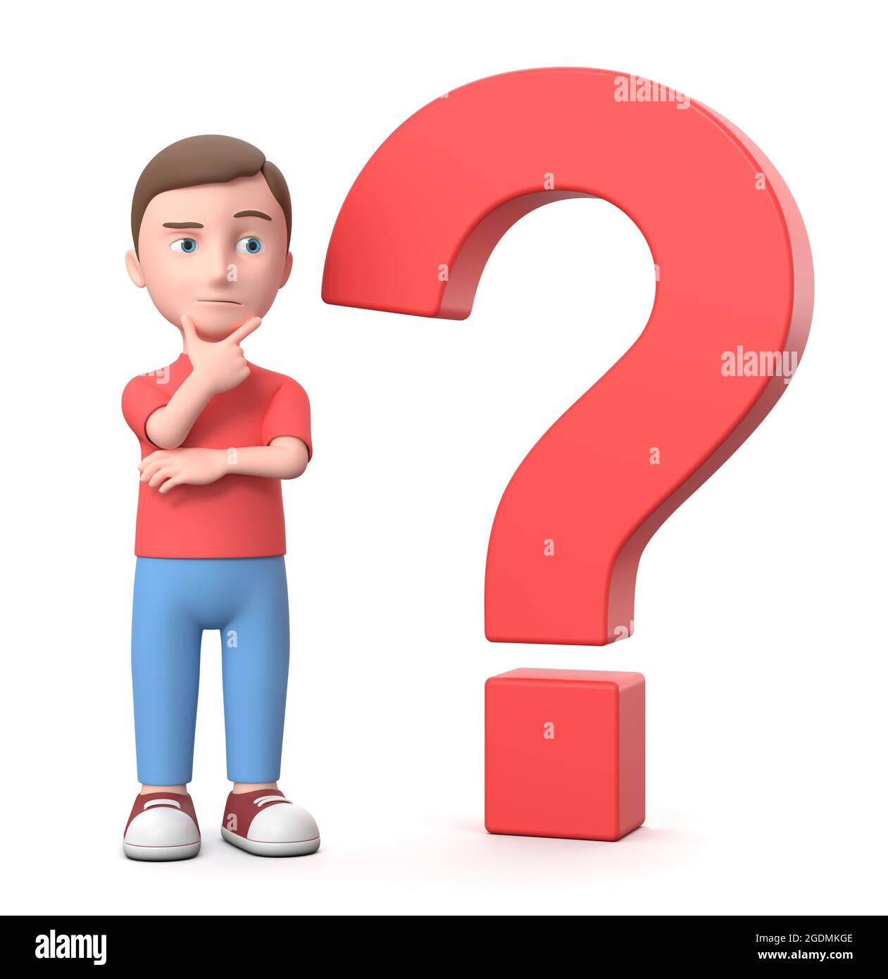 Puzzled Young Kid with Question Mark. 3D Cartoon Character Isolated on ...