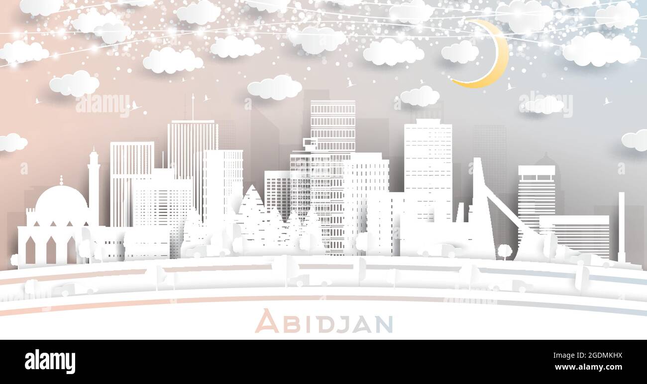 Abidjan Ivory Coast City Skyline in Paper Cut Style with White Buildings, Moon and Neon Garland. Vector Illustration. Travel and Tourism Concept. Stock Vector
