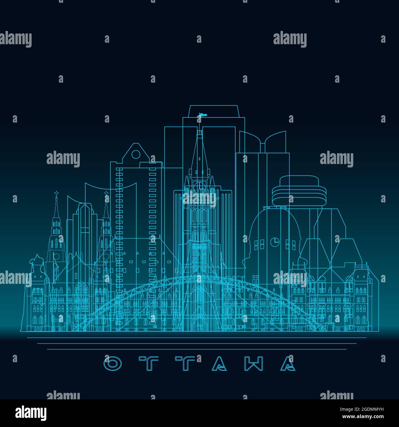 Ottawa skyline, detailed silhouette. Modern vector illustration, blue linear style. Stock Vector