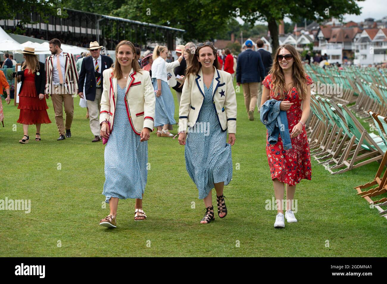 Henley, Oxfordshire, UK. 14th August, 2021. It was another busy day as  guests at Henley Royal Regatta enjoyed watching the rowing. The Dress Code  has been relaxed this year to allow ladies