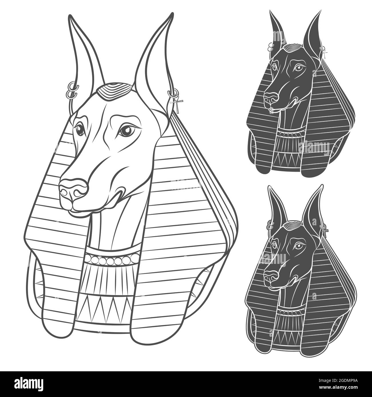 Set of black and white images with Anubis. Vector isolated objects on white background. Stock Vector
