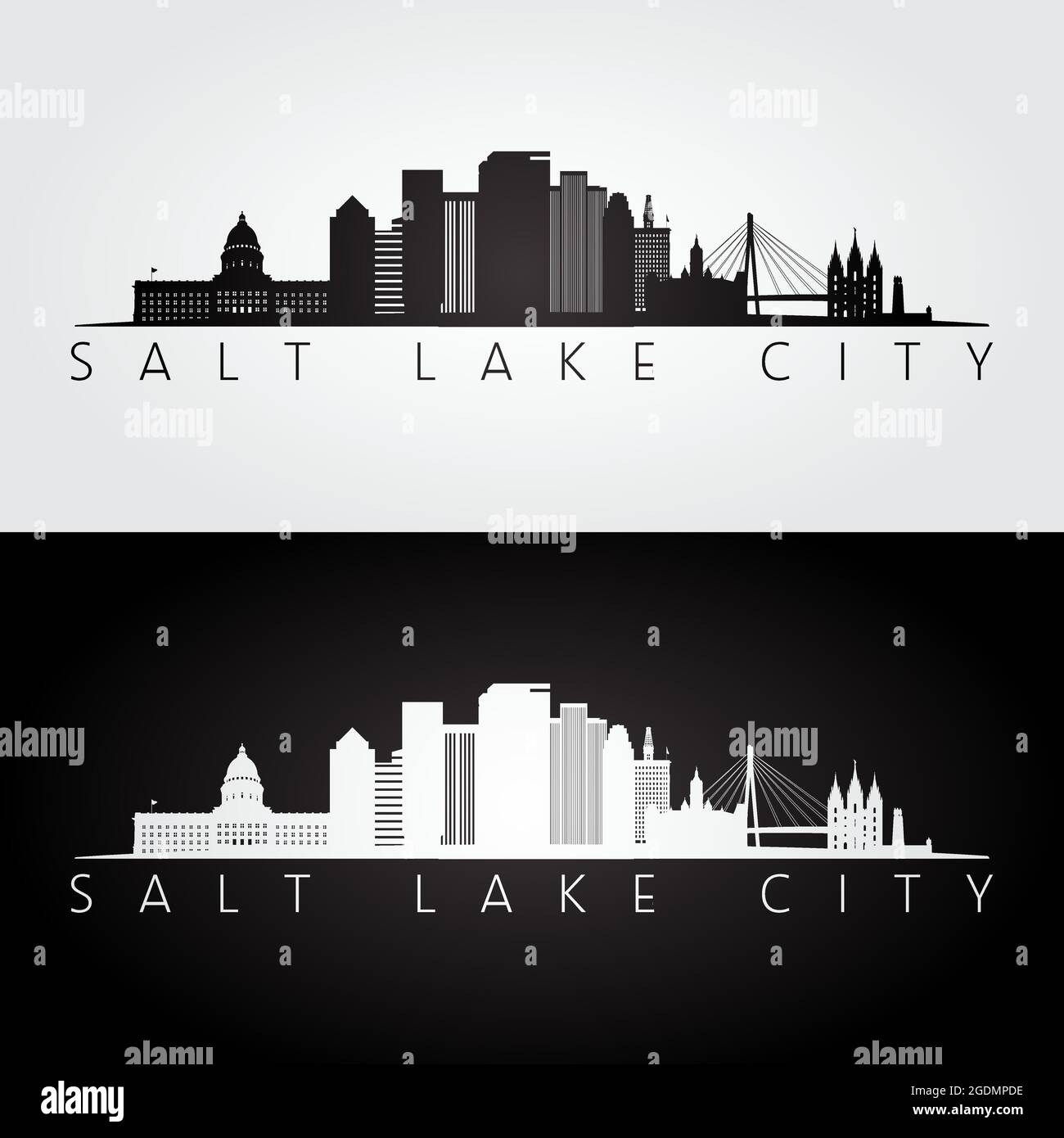 Salt Lake City USA skyline and landmarks silhouette, black and white