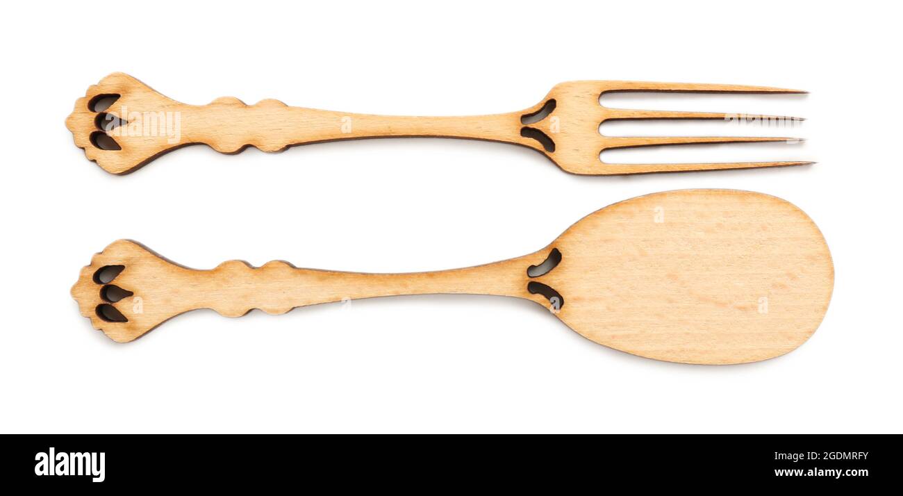 Decorative wooden utensils isolated on white Stock Photo Alamy