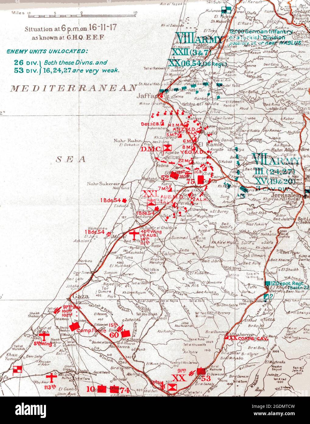 Battle for Jerusalem 1917. Map showing the situation at 18:00 on 16 November 1917 as known to GHQ EEF. Stock Photo