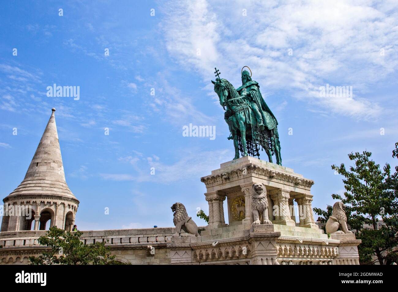 Statue of St Stephen (sv Istvan) by the Fishermen's Bastion by Halaszbastya on Castle Hill. Hungary, Budapest, Stock Photo