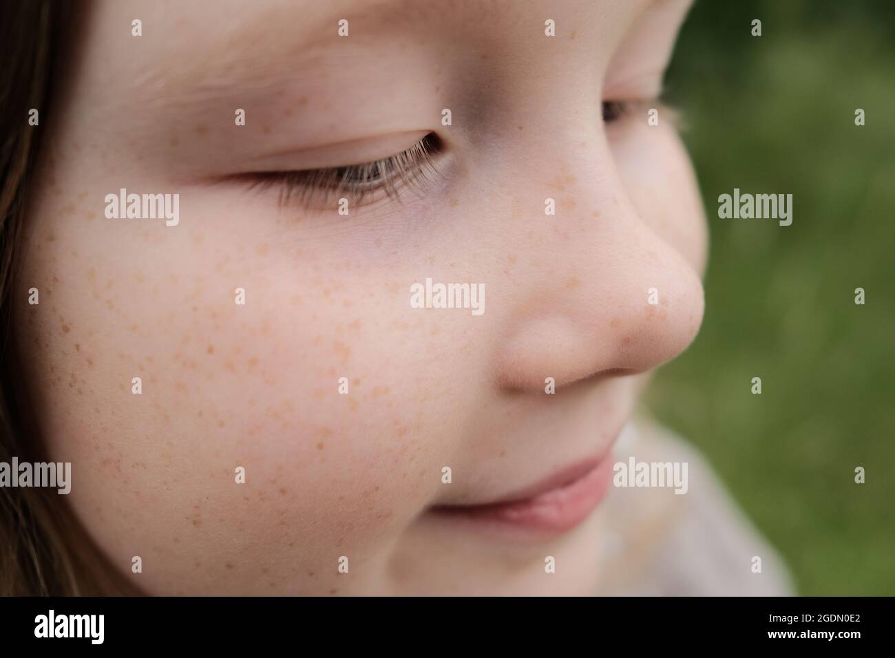 Closeup face of adorable little girl with freckles on cheeks and nose resting in nature Stock Photo