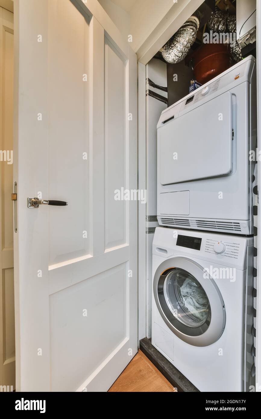 Interior design of loundry room with washing machines Stock Photo