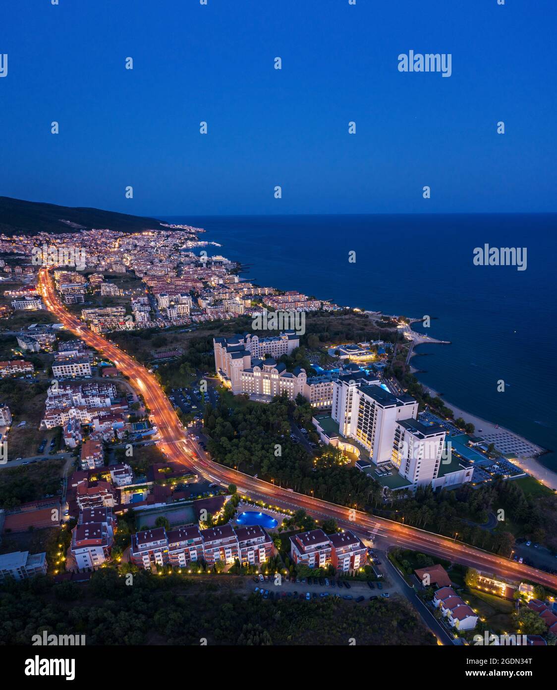 Aerial view to the sea resort Sunny Beach, Bulgaria evening Stock Photo