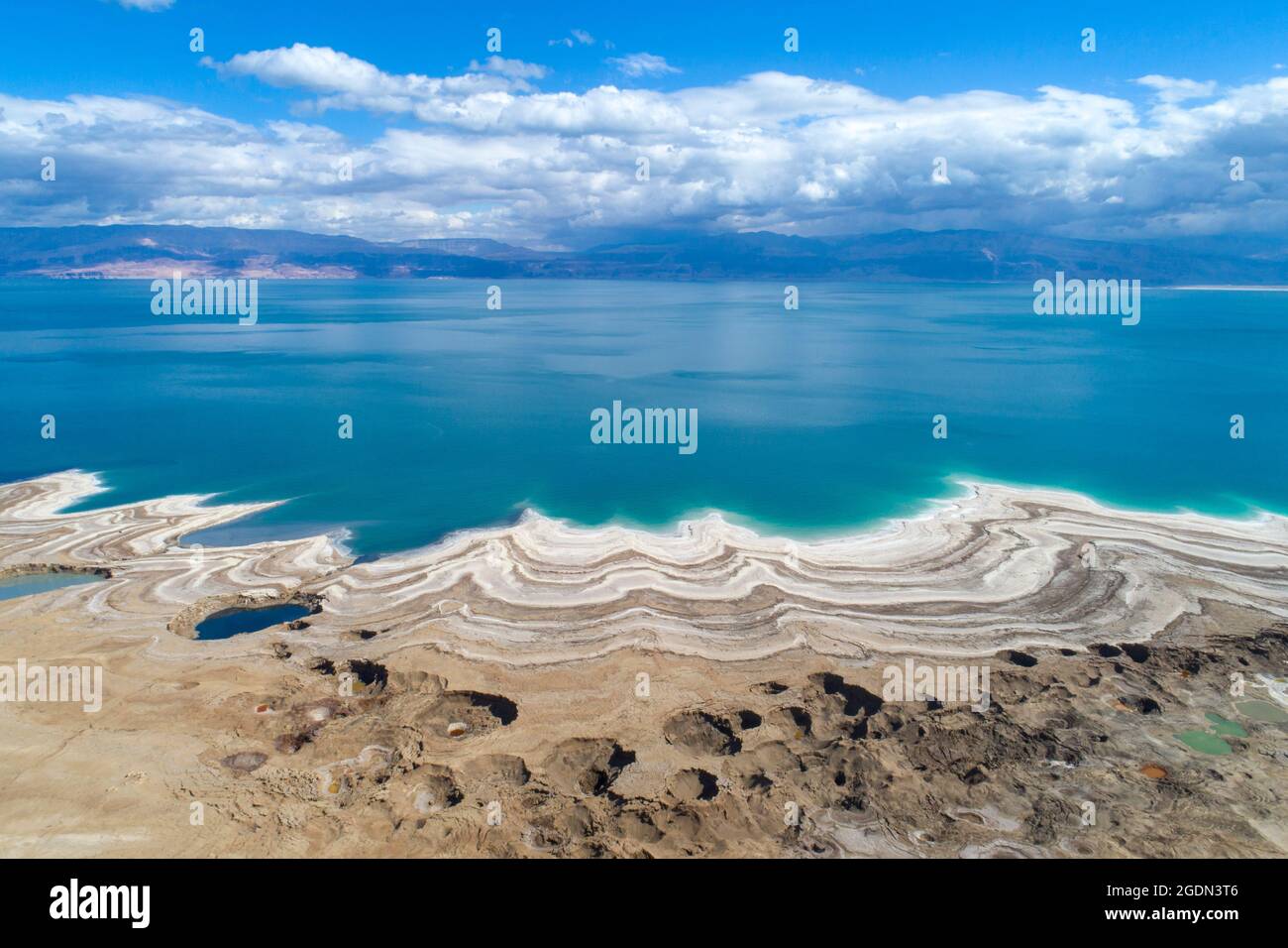 Aerial Photography with a drone. Elevated view of the shore of the Dead Sea, Israel Stock Photo