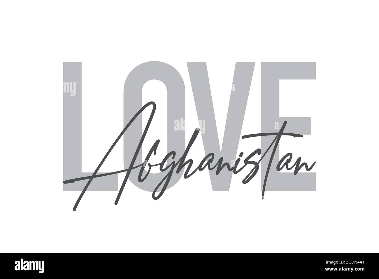 Modern, simple, minimal typographic design of a saying 'Love Afghanistan' in tones of grey color. Cool, urban, trendy and playful graphic vector art w Stock Photo