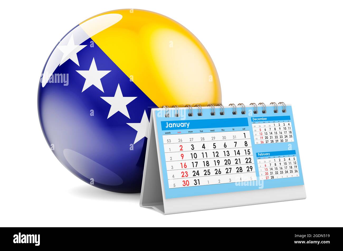 Desk calendar with Bosnian flag. 3D rendering isolated on white ...