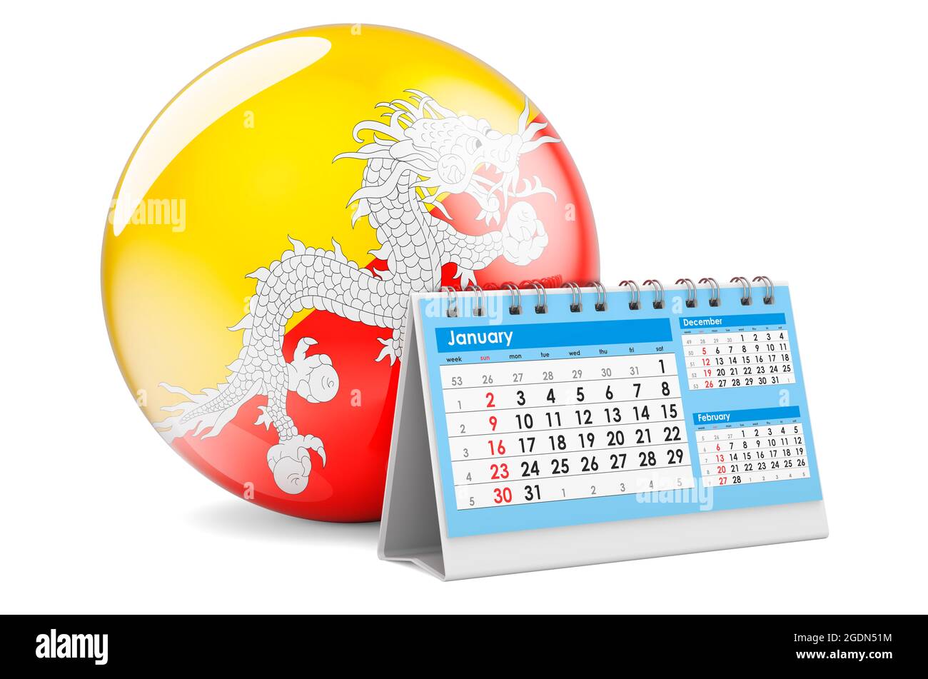Desk calendar with Bhutanese flag. 3D rendering isolated on white