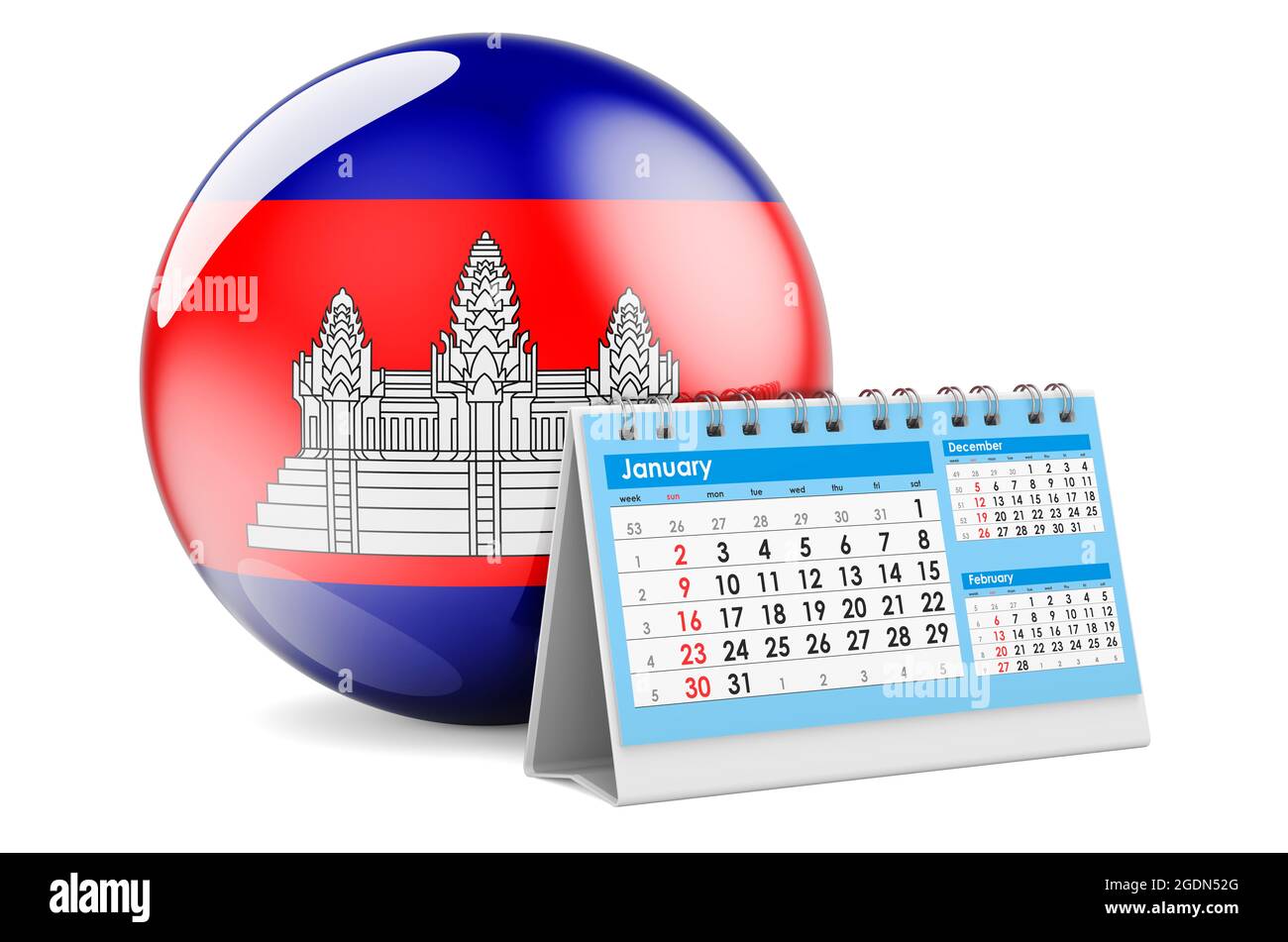 Desk calendar with Cambodian flag. 3D rendering isolated on white