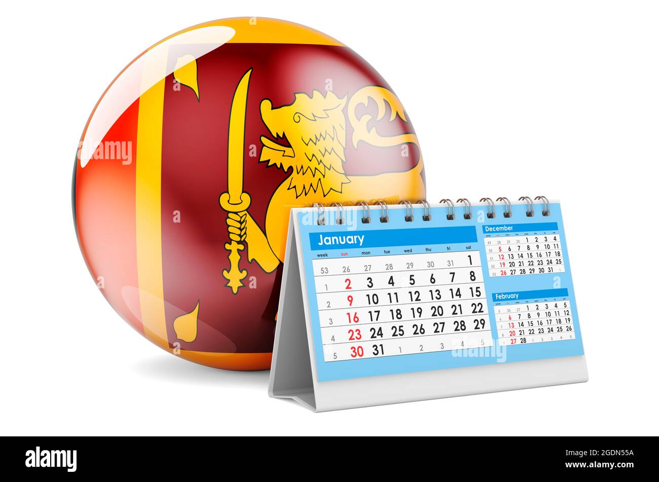 Desk calendar with Sri Lankan flag. 3D rendering isolated on white