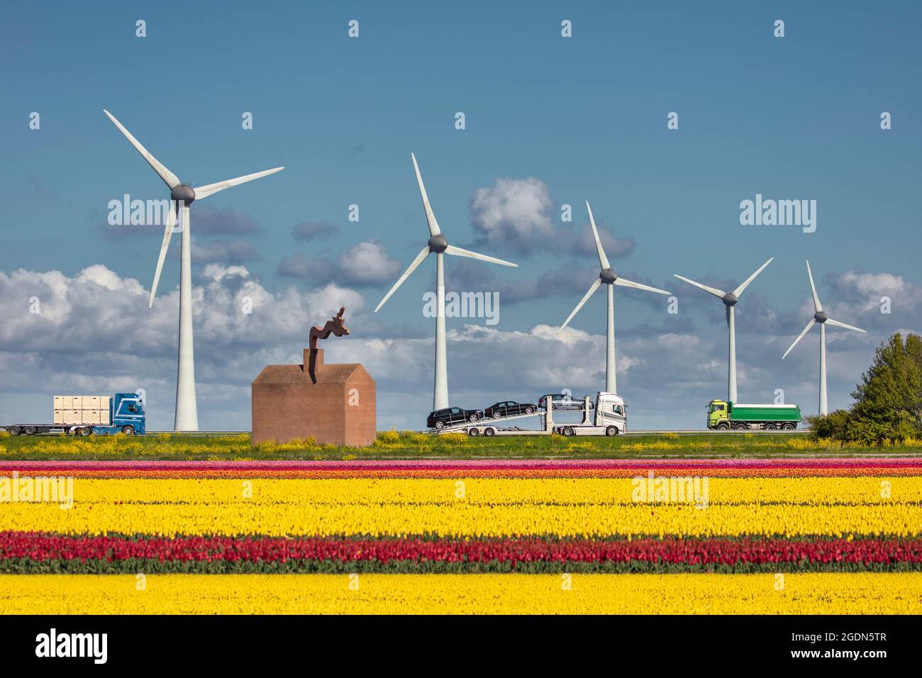 The Netherlands, Nagele, Trucks and cars on highway A6. Artwork. Flowering tulip fields. Spring, wind turbines. Stock Photo