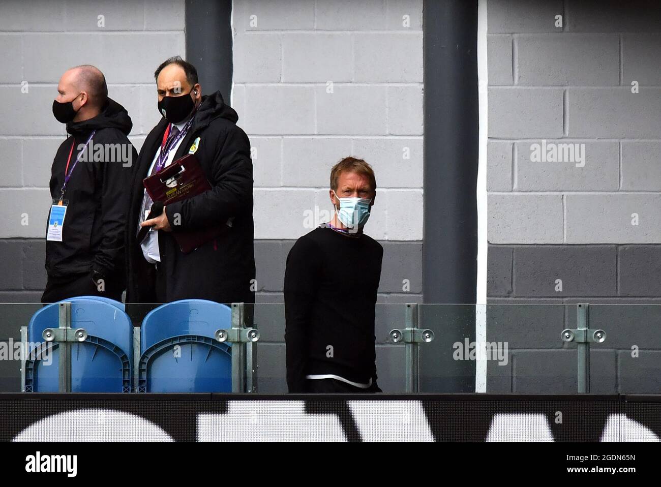 Brighton and Hove Albion manager Graham Potter (centre) arriving before the Premier League match at Turf Moor, Burnley. Picture date: Saturday August 14, 2021. Stock Photo