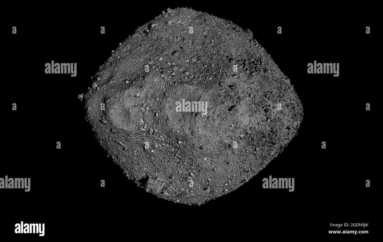This mosaic of the asteroid Bennu was created using observations made by NASAs OSIRIS-REx spacecraft that was in close proximity to the asteroid for over two years. It was released on August 11, 2021. Bennu is about 1,600 feet (490 meters) in diameter and is considered a hazard risk to strike the Earth. The current study says it has a 1 in 1,750 (or 0.057%) chance of hitting the Earth between now and the year 2300. OSIRIS-REx is bringing a small sample of the asteroid back to Earth for study. The mission launched September 8, 2016, from Cape Canaveral Air Force Station in Florida. The spacecr Stock Photo