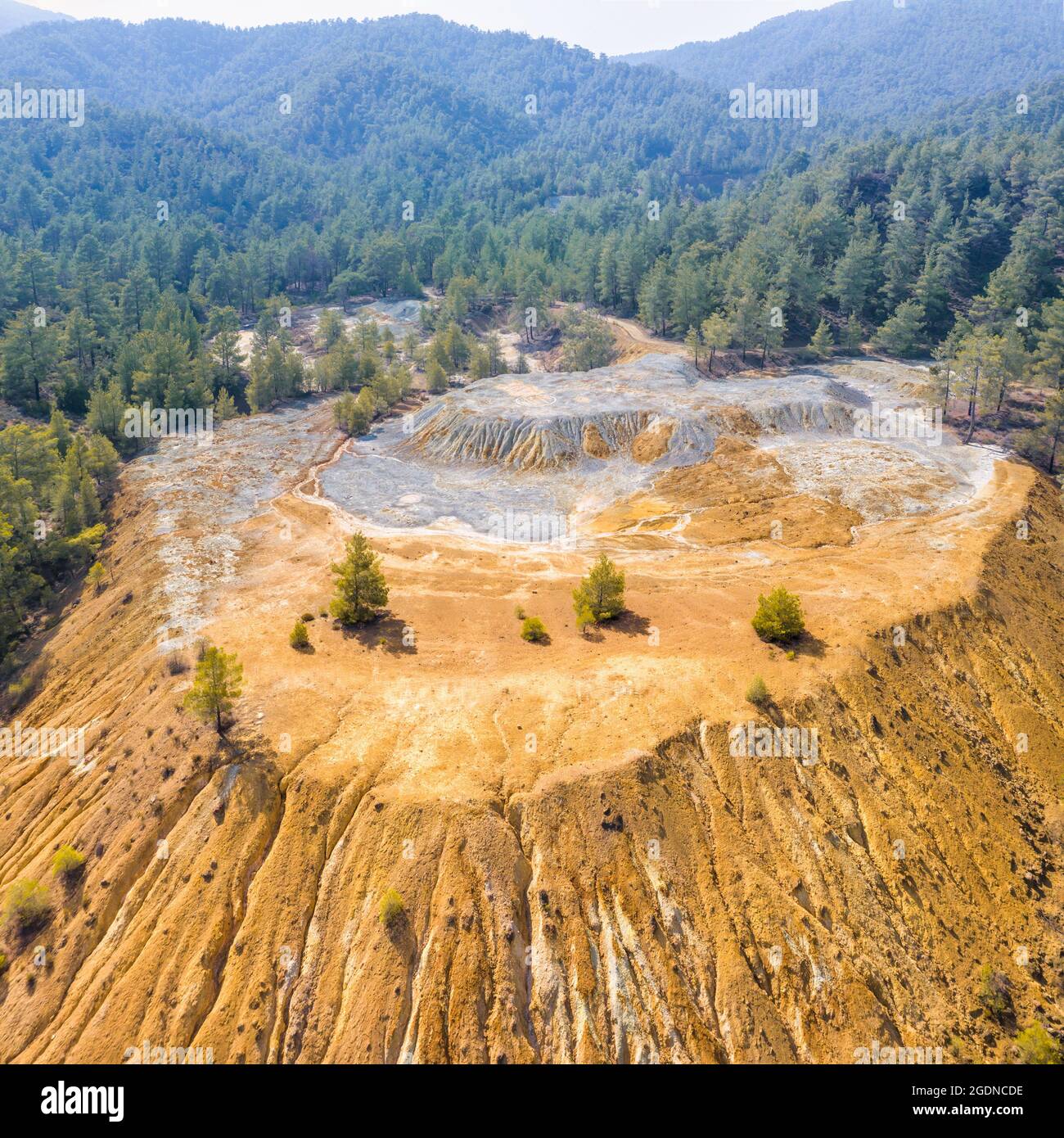Pyrite ore and sulfide stock piles from abandoned surface mining in Troodos mountains, Cyprus Stock Photo