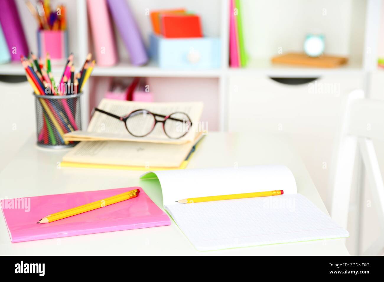 Workplace in classroom Stock Photo - Alamy