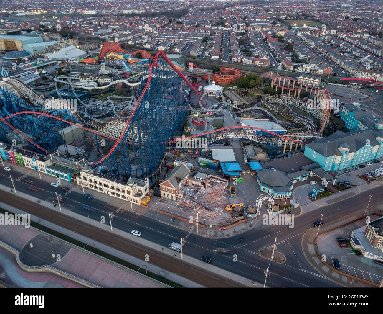 Aerial Drone Views of Blackpool, Pleasure Beach, Pier Golden Mile  Sandcastle Water Park New Rollercoaster Icon Big One Pepsi Max Big Dipper  Theme Park Stock Photo - Alamy