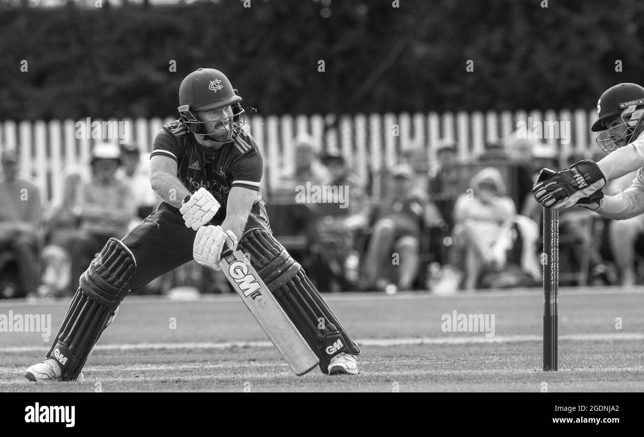 Group B Nottinghamshire Outlaws take on Northamptonshire Steelbacks at the Grantham cricket ground in the Royal London One-day Cup, 2021. Stock Photo