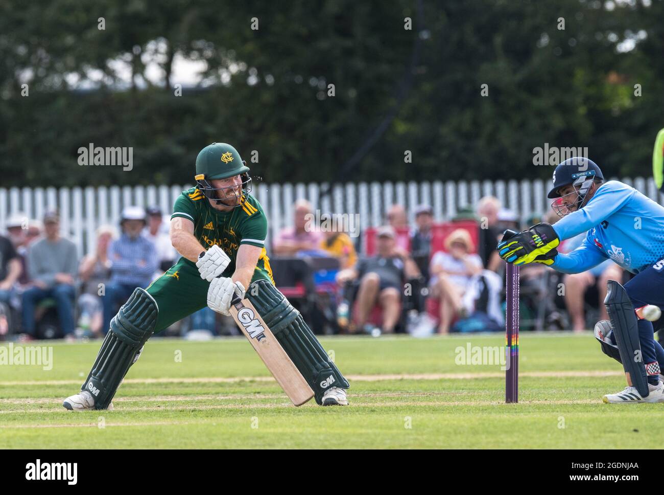 Group B Nottinghamshire Outlaws take on Northamptonshire Steelbacks at the Grantham cricket ground in the Royal London One-day Cup, 2021. Stock Photo