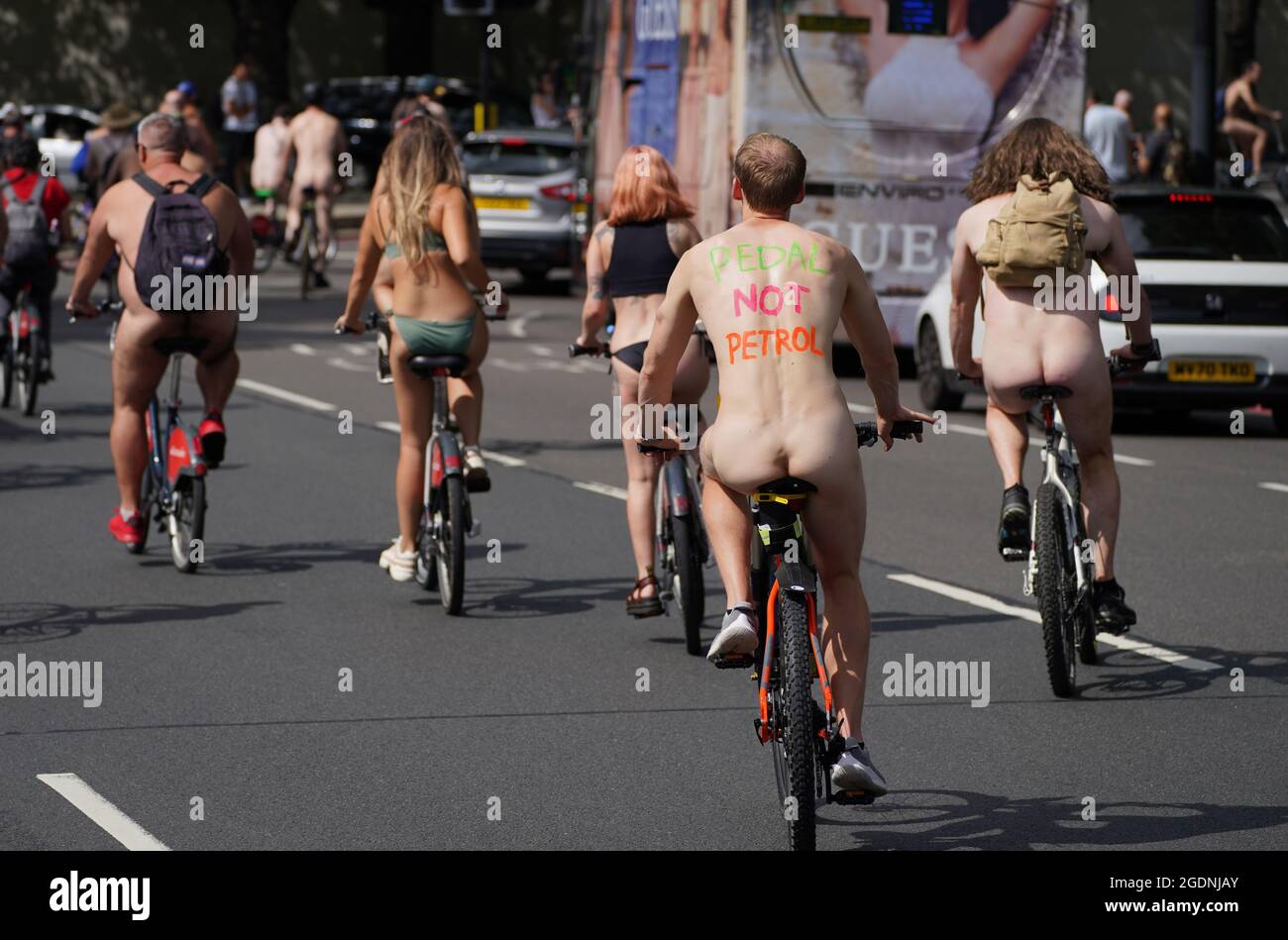 EDITORS NOTE NUDITY Cyclists near Hyde Park, central London, take part in  the World Naked Bike Ride London, an environmental pro-bike protest which  starts at multiple loactions around the capital and converges