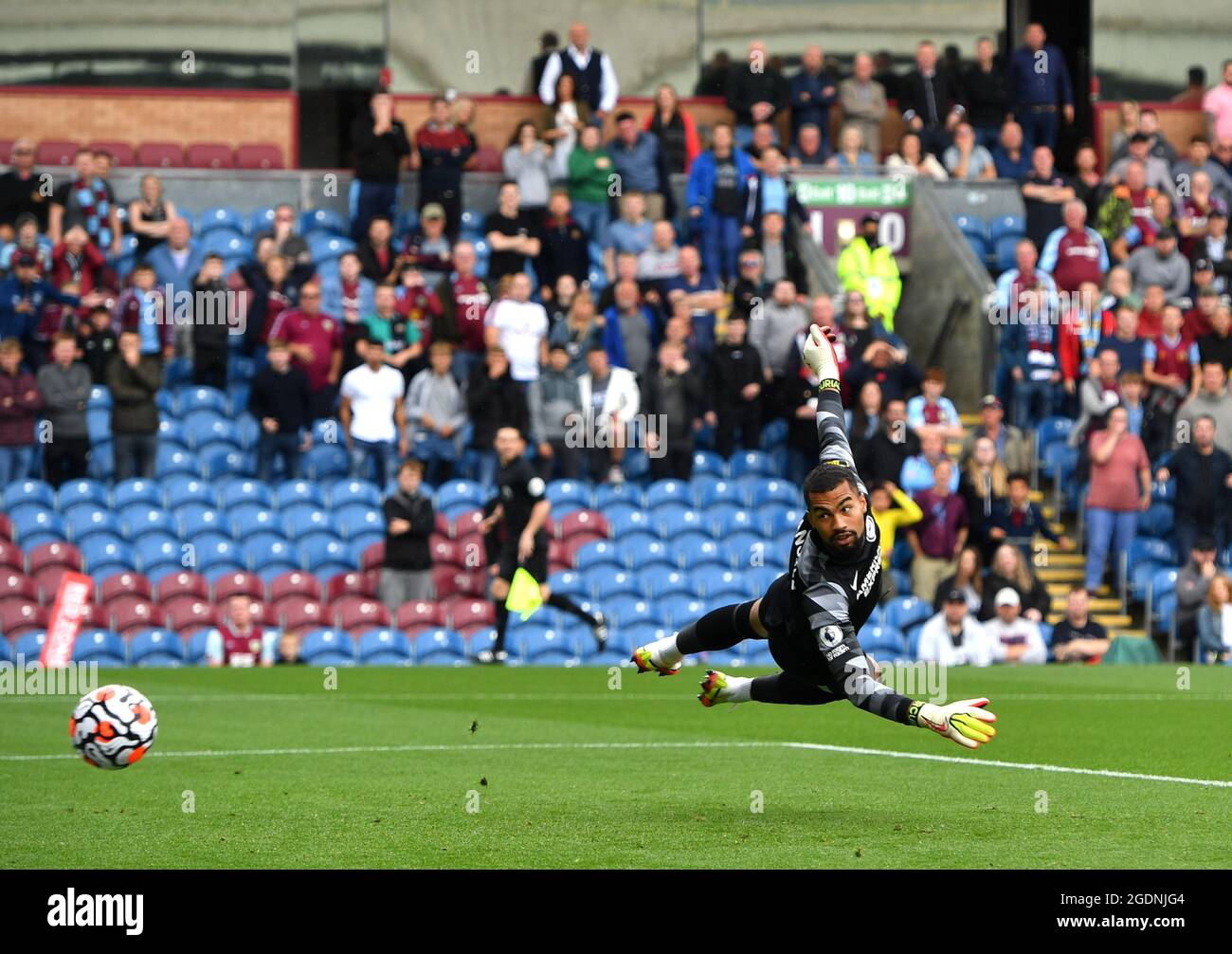 Burnley's Johann Berg Gudmundsson (not pictured) hits the post during the Premier League match at Turf Moor, Burnley. Picture date: Saturday August 14, 2021. Stock Photo