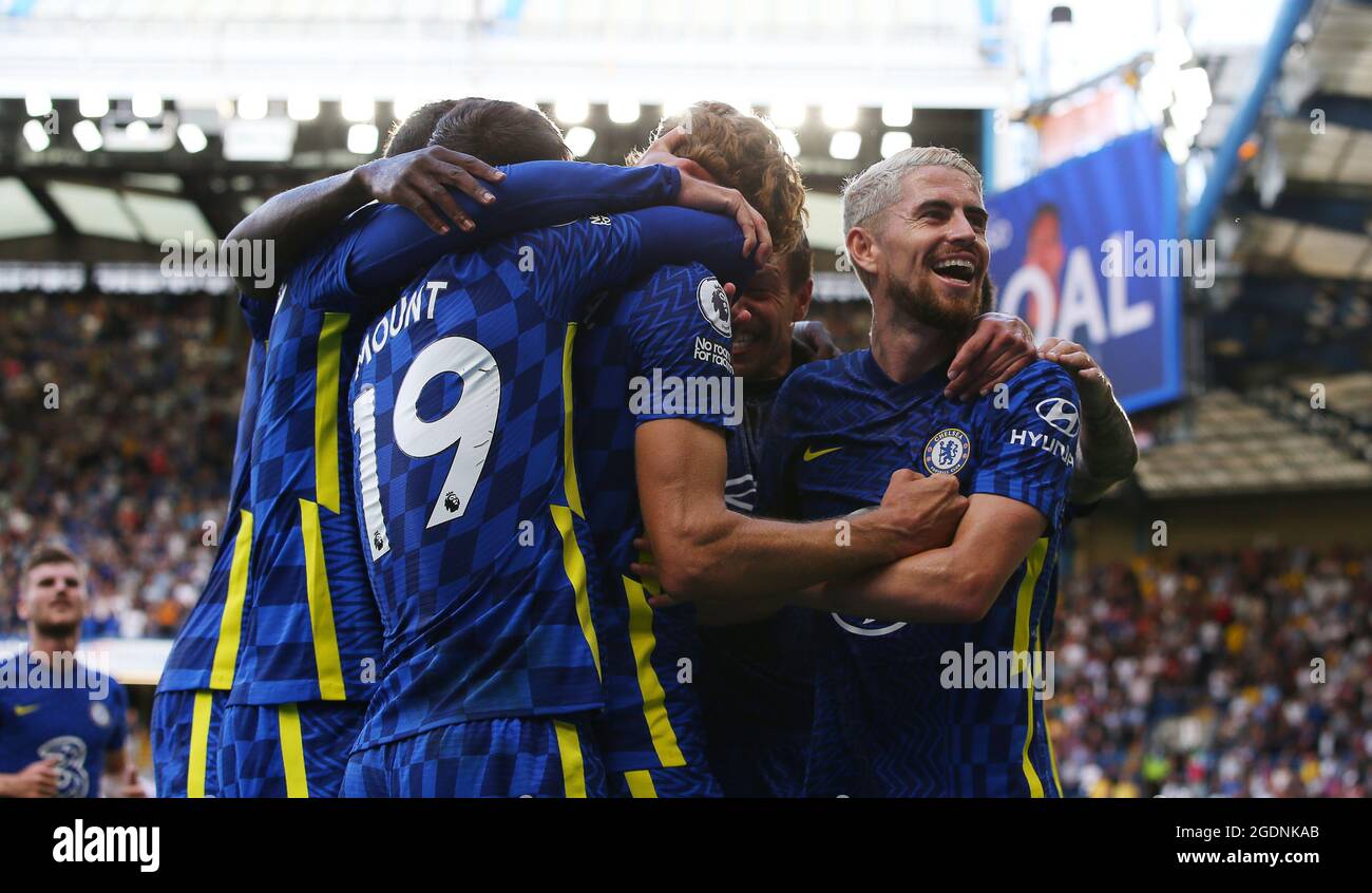 London, England, 14th August 2021. Marcos Alonso of Chelsea celebrates ...