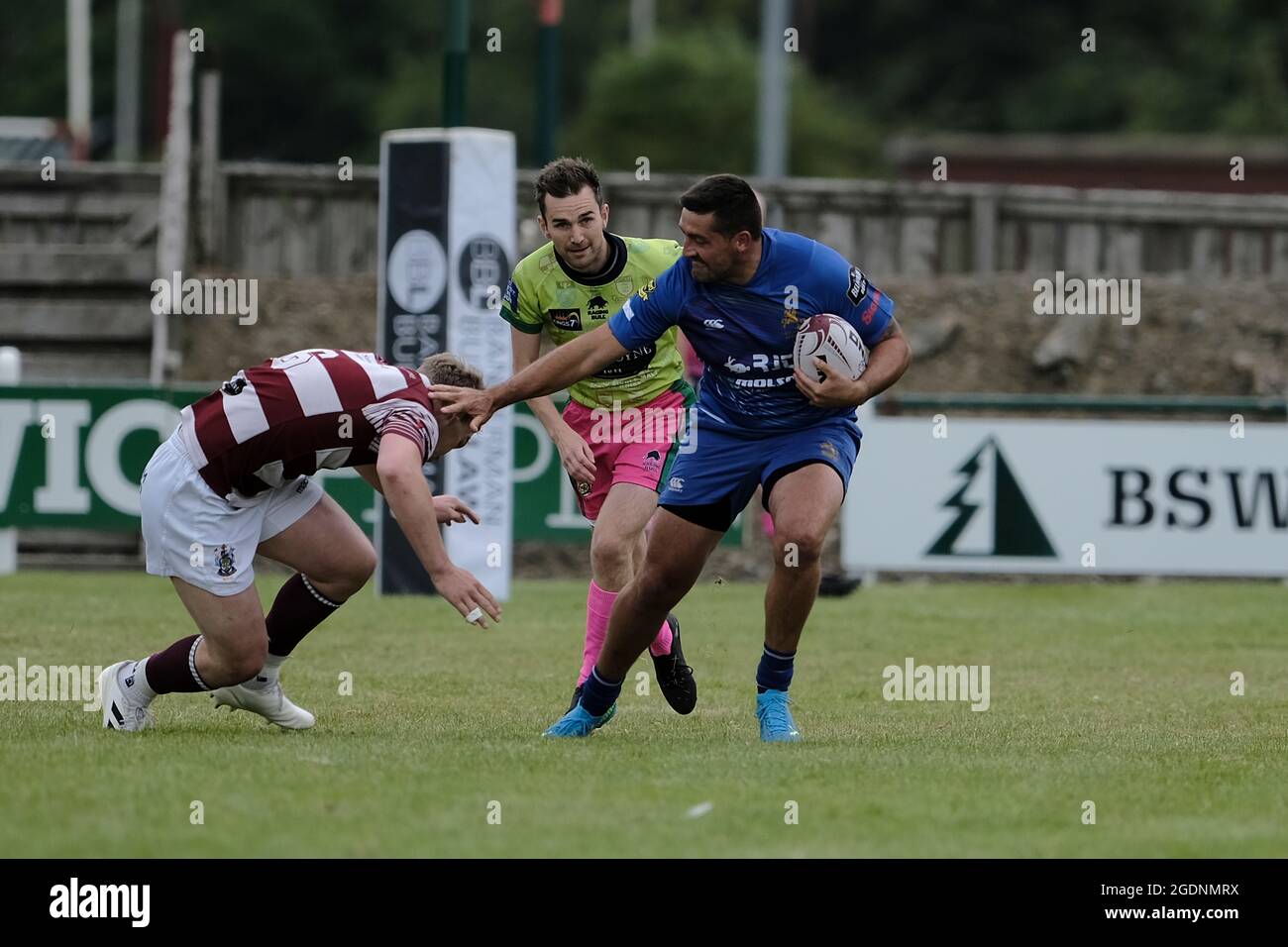 Hawick, UK. 14th Aug, 2021. Action from the Hawick 7s on Saturday 14 August 2021 at Mansfield, Hawick. Dom Buckley (JedForest RFC) hands of the tackle from Watsonians in the pool matches to a 46-0 victory Credit: Rob Gray/Alamy Live News Stock Photo