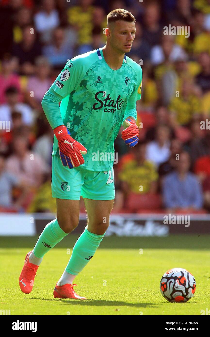 Watford, UK. 14th Aug, 2021. Daniel Bachmann, the goalkeeper of Watford in action during the game. Premier league match, Watford v Aston Villa at the Vicarage Road Stadium in Watford on Saturday 14th August 2021. this image may only be used for Editorial purposes. Editorial use only, license required for commercial use. No use in betting, games or a single club/league/player publications. pic by Steffan Bowen/Andrew Orchard sports photography/Alamy Live news Credit: Andrew Orchard sports photography/Alamy Live News Stock Photo
