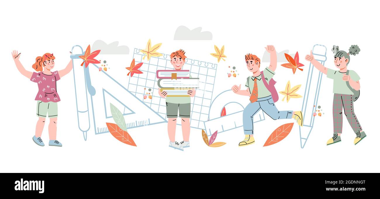 Back to school and kids education background, flat cartoon vector ...