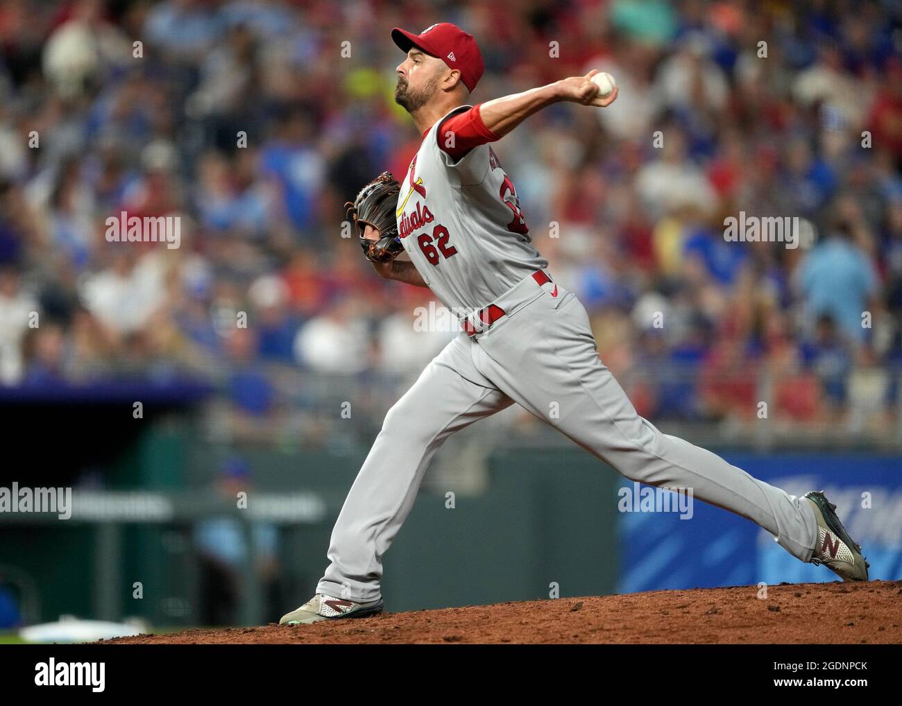 Aug 13, 2021: St. Louis Cardinals relief pitcher T.J. McFarland (62) pitches in relief at Kauffman Stadium in Kansas City, MO. Cardinals defeated the Royals 6-0. Jon Robichaud/CSM. Stock Photo