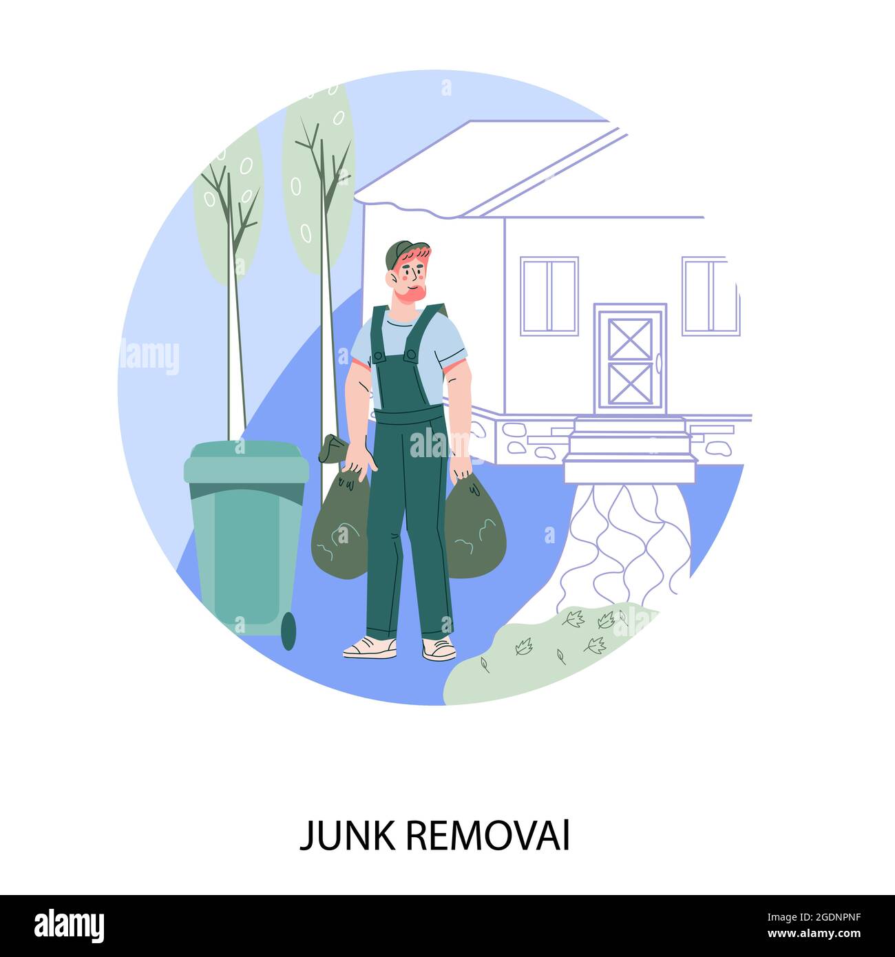 Junk removal service banner with scavenger carrying garbage bags, flat