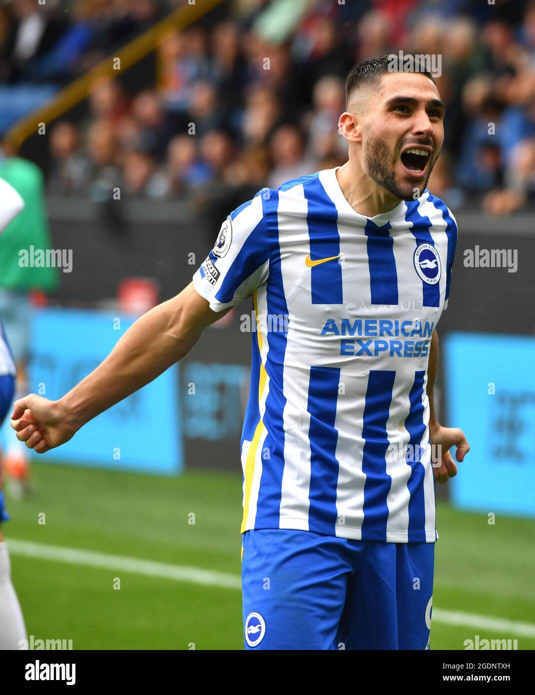 Brighton and Hove Albion's Neal Maupay celebrates scoring their side's first goal of the game during the Premier League match at Turf Moor, Burnley. Picture date: Saturday August 14, 2021. Stock Photo