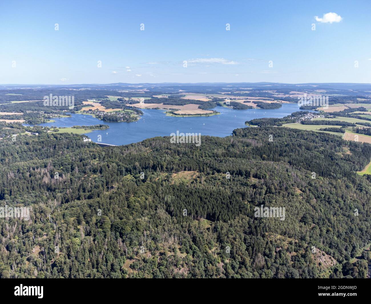 Aerial view of the Vogtland with the Poehl dam Stock Photo
