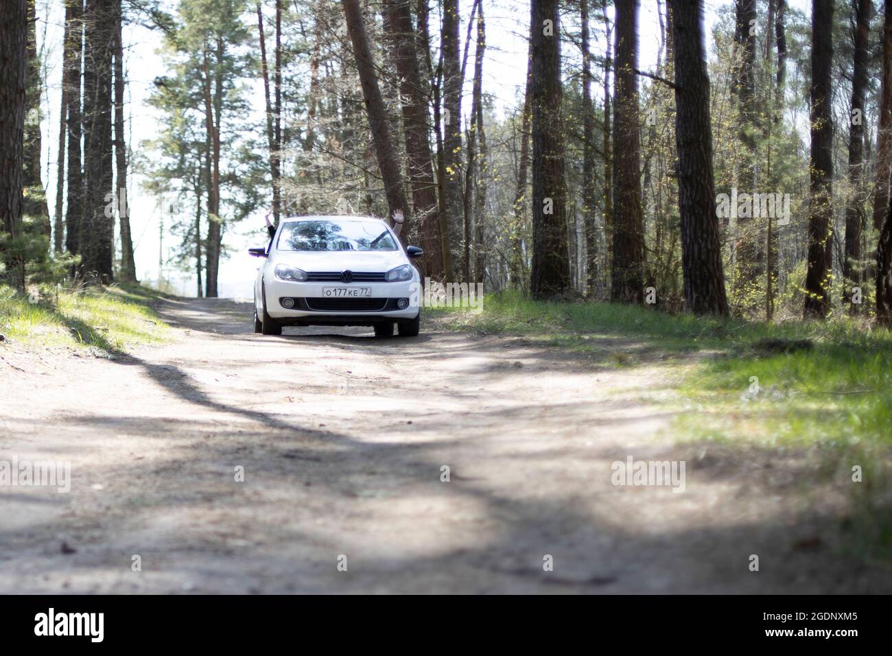 moscow, russia - may 15, 2020: flagship hatchback Volkswagen golf VI white color rides forest country road sumer dar Stock Photo
