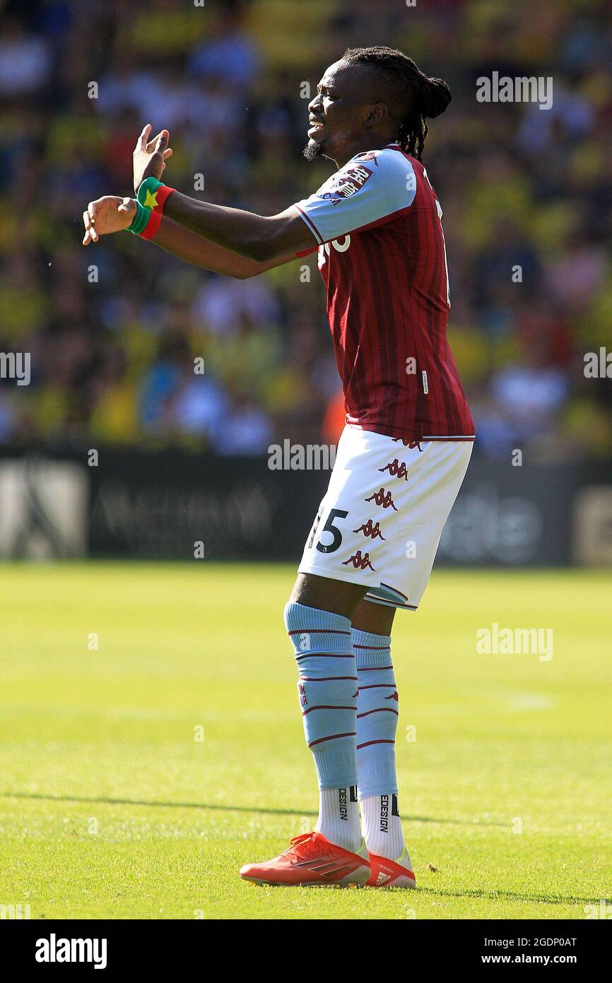 Watford, UK. 14th Aug, 2021. Bertrand Traore of Aston Villa in action during the game. Premier league match, Watford v Aston Villa at the Vicarage Road Stadium in Watford on Saturday 14th August 2021. this image may only be used for Editorial purposes. Editorial use only, license required for commercial use. No use in betting, games or a single club/league/player publications. pic by Steffan Bowen/Andrew Orchard sports photography/Alamy Live news Credit: Andrew Orchard sports photography/Alamy Live News Stock Photo