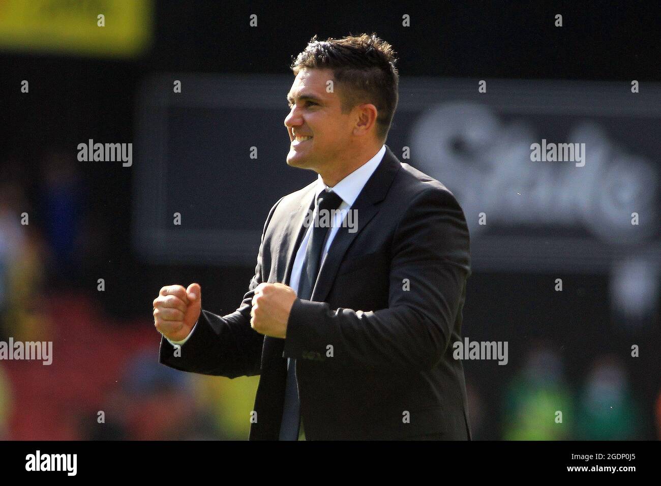 Watford, UK. 14th Aug, 2021. Watford Manager Xisco Munoz celebrates his teams victory after the game. Premier league match, Watford v Aston Villa at the Vicarage Road Stadium in Watford on Saturday 14th August 2021. this image may only be used for Editorial purposes. Editorial use only, license required for commercial use. No use in betting, games or a single club/league/player publications. pic by Steffan Bowen/Andrew Orchard sports photography/Alamy Live news Credit: Andrew Orchard sports photography/Alamy Live News Stock Photo