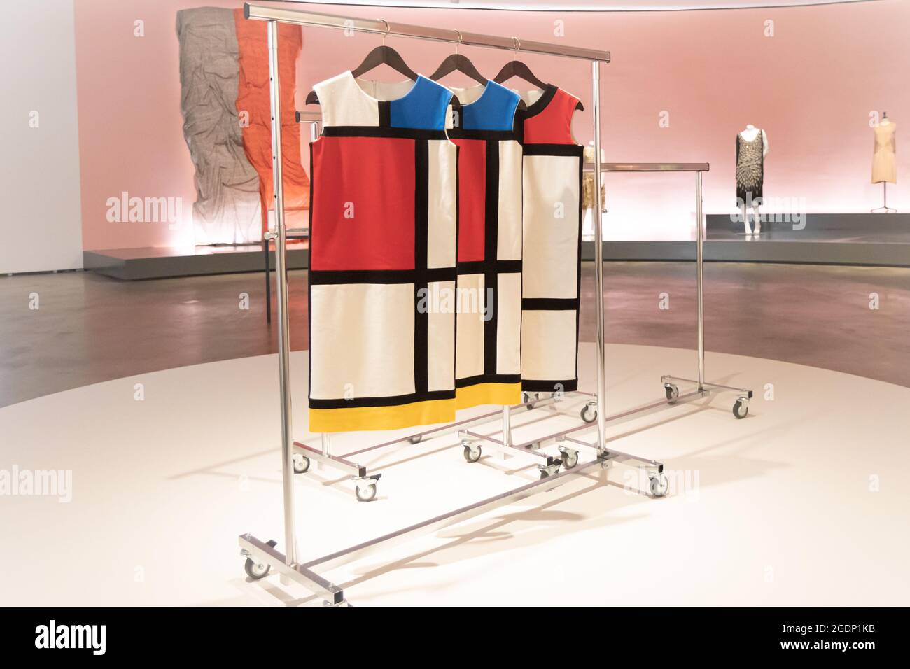 BILBAO, SPAIN-AUGUST 8, 2021: Mondrian dresses by Yves St Laurent (1966) in Guggenheim Museum Bilbao Stock Photo