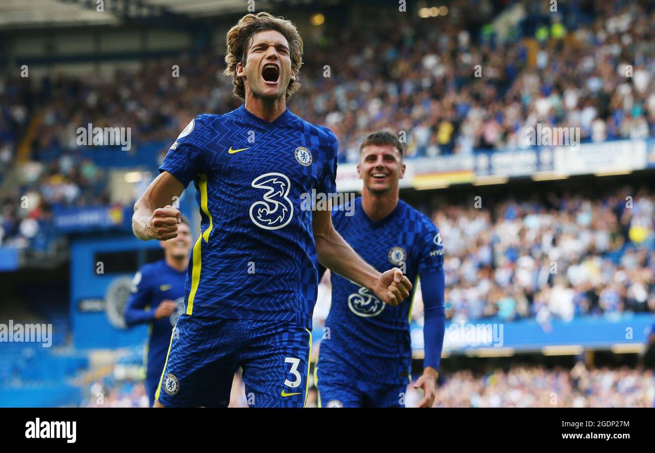 London, England, 14th August 2021. Marcos Alonso of Chelsea celebrates ...