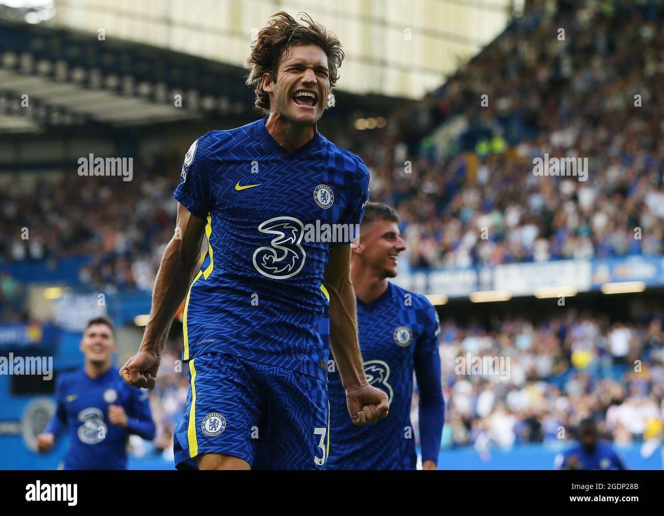 London, England, 14th August 2021. Marcos Alonso of Chelsea celebrates ...