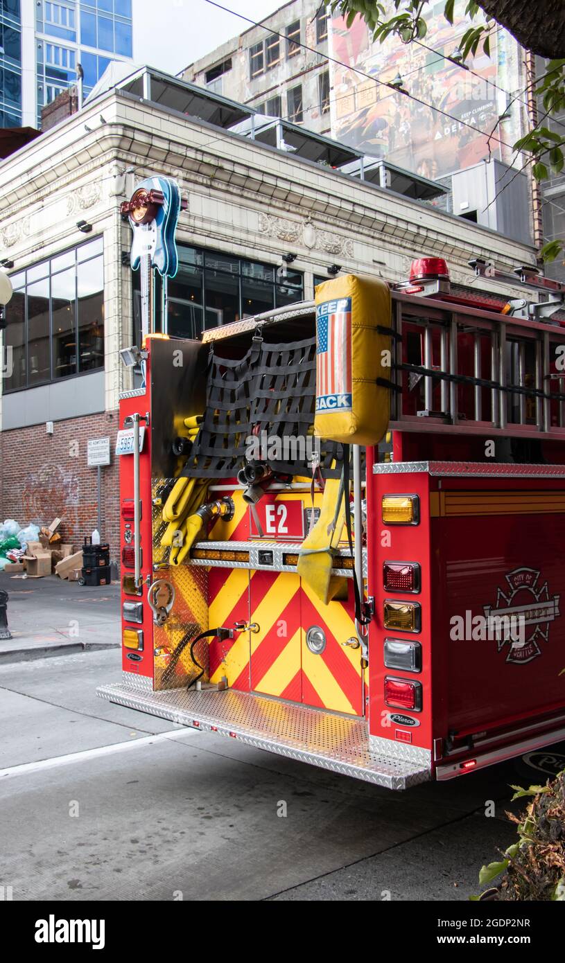 rear of fire truck called to a trash bin fire in Seattle, USA Stock Photo