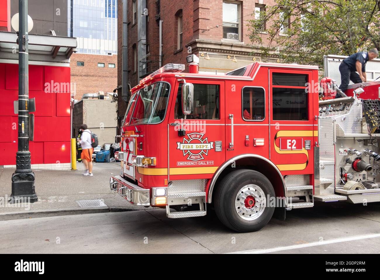 fire truck called to a trash bin fire in Seattle, USA Stock Photo